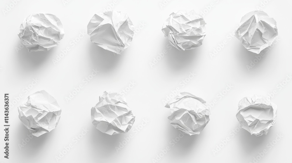 77.A high-quality collection of detailed crumpled paper balls placed on a bright, clean white background. Each paper ball has an organic, wrinkled texture, with complex creases and natural shadows 77.A high-quality collection of detailed crumpled paper balls placed on a bright, clean white background. Each paper ball has an organic, wrinkled texture, with complex creases and natural shadows