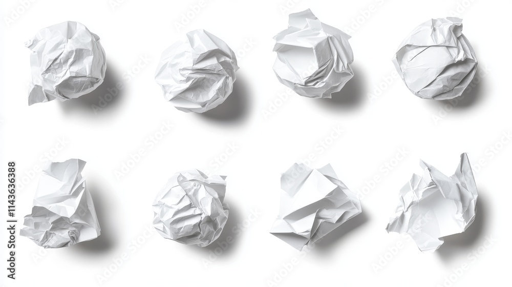 77.A high-quality collection of detailed crumpled paper balls placed on a bright, clean white background. Each paper ball has an organic, wrinkled texture, with complex creases and natural shadows 77.A high-quality collection of detailed crumpled paper balls placed on a bright, clean white background. Each paper ball has an organic, wrinkled texture, with complex creases and natural shadows