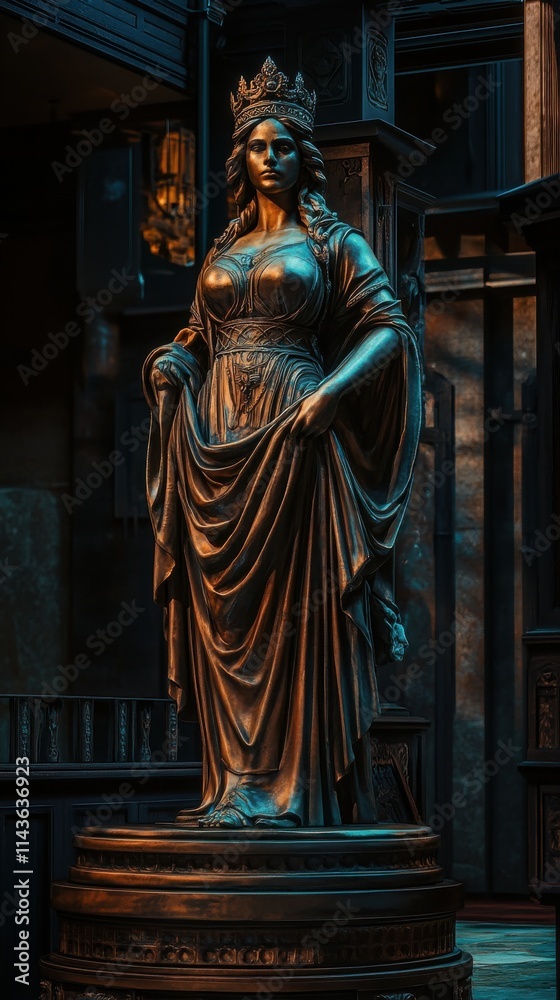 Bronze statue of Hera queen of the gods displayed in an ornate setting with dramatic lighting Bronze statue of Hera queen of the gods displayed in an ornate setting with dramatic lighting