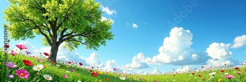 a beautiful scene of blooming flowers on the ground beneath a tree against a vibrant blue sky with fluffy white clouds, sky, nature, tree
