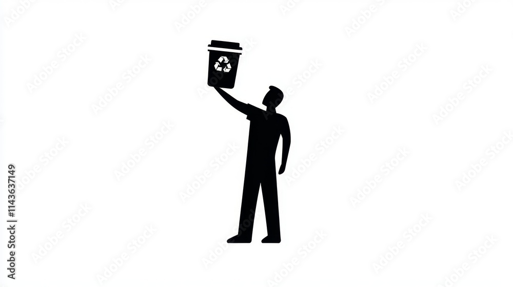 47.Minimalistic icon design of a man lifting a trash can to throw it away, depicted in a bold black silhouette on a white background. The figure shows a dynamic posture, with one arm extended 47.Minimalistic icon design of a man lifting a trash can to throw it away, depicted in a bold black silhouette on a white background. The figure shows a dynamic posture, with one arm extended