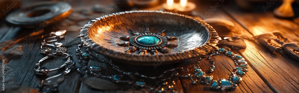 Intricate Native American jewelry and bowl displayed during a cultural gathering in a warm, inviting setting Intricate Native American jewelry and bowl displayed during a cultural gathering in a warm, inviting setting