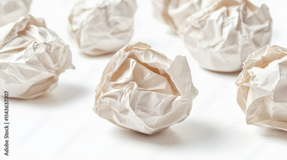 80.Isolated image of several crumpled paper balls on a bright white background, each showing its own unique folds and textures. The random arrangement of the balls creates a natural look, with soft 80.Isolated image of several crumpled paper balls on a bright white background, each showing its own unique folds and textures. The random arrangement of the balls creates a natural look, with soft