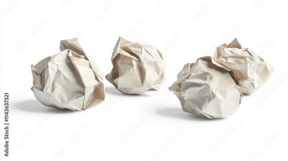 80.Isolated image of several crumpled paper balls on a bright white background, each showing its own unique folds and textures. The random arrangement of the balls creates a natural look, with soft 80.Isolated image of several crumpled paper balls on a bright white background, each showing its own unique folds and textures. The random arrangement of the balls creates a natural look, with soft