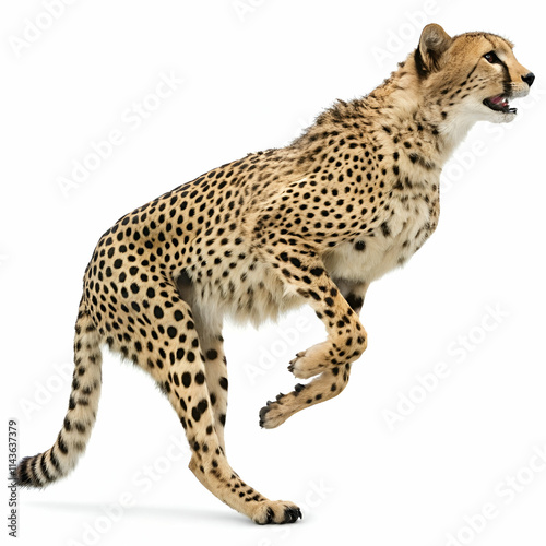 Sleek cheetah isolated on a white background, highlighting its speed and elegance for wildlife art and educational projects photo