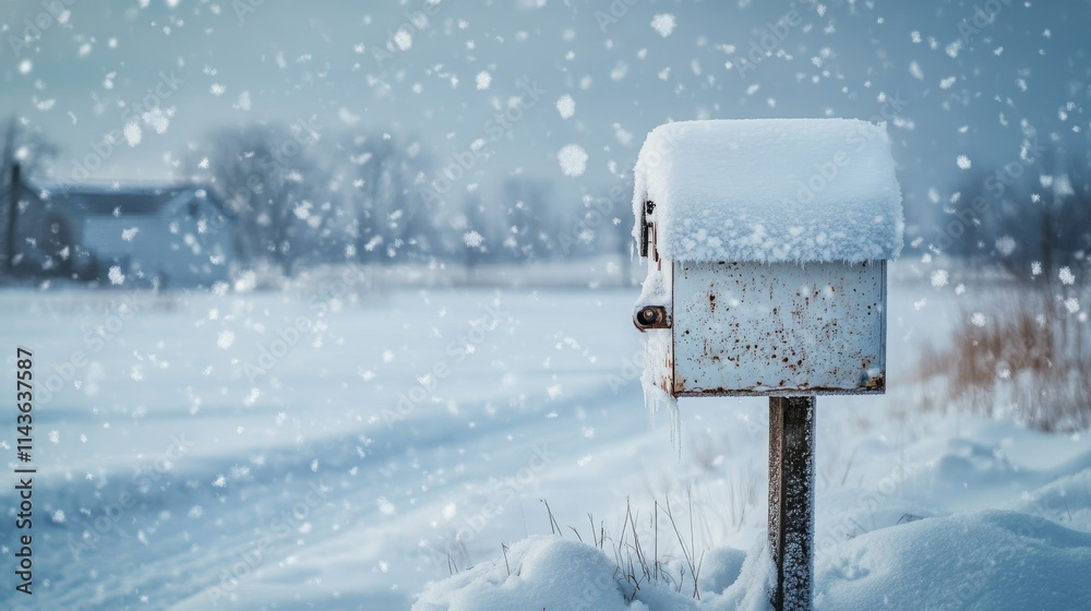 Fototapeta premium 44.A snow-covered mailbox leaning slightly from the weight of accumulated snow, with large snowflakes falling around it in a soft, white haze, set against a distant snowy landscape, emphasizing the