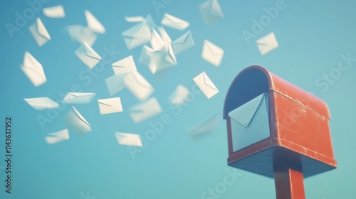 36.A realistic 3D render of a vintage-style red mailbox standing tall, with a cluster of pristine white envelopes flying out of it, each envelope with a slight shadow, creating a sense of dynamic