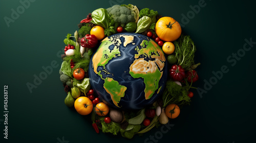 Earth Surrounded by Fresh Produce | Global Food Concept, Sustainability photo