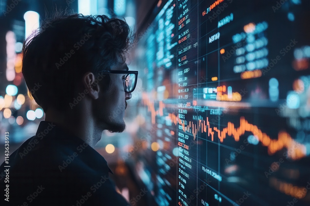 A focused individual analyzes digital data on a screen, surrounded by a vibrant, illuminated environment, emphasizing technology and data-driven insights. A focused individual analyzes digital data on a screen, surrounded by a vibrant, illuminated environment, emphasizing technology and data-driven insights.