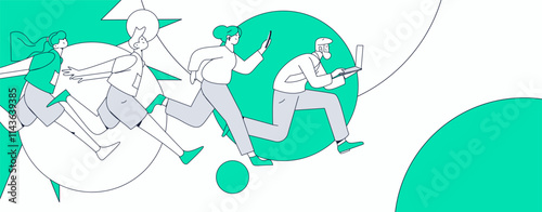 People exercising healthy running vector internet operation illustration
