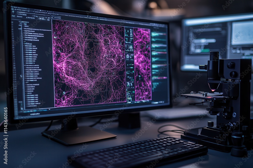 A high-tech laboratory setup featuring a microscope and monitors displaying vibrant biological data, emphasizing advanced research and analysis. A high-tech laboratory setup featuring a microscope and monitors displaying vibrant biological data, emphasizing advanced research and analysis.