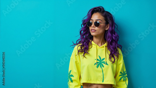 Creative woman with purple hair in neon yellow hoodie and sunglasses against turquoise background