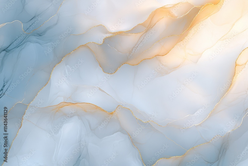 Naklejka premium A luxurious marble pattern in light blue with golden accents flowing through the design