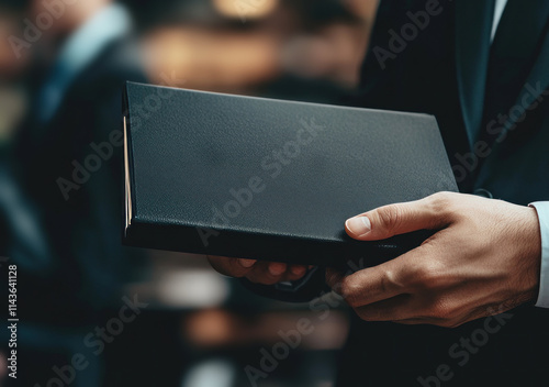 A business person holding a black notebook in hands photo