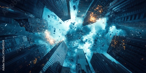 A dramatic view of a cityscape from below, showcasing towering skyscrapers amidst intense explosions and swirling clouds.