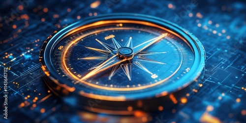 A detailed compass rests on a digital background, symbolizing navigation and exploration in a high-tech world.