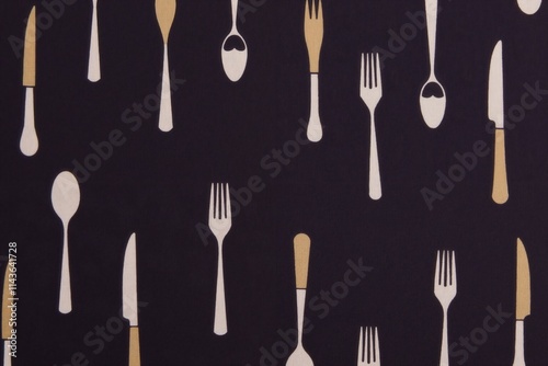 Seamless pattern of cutlery with knives, forks, and spoons on dark background.
