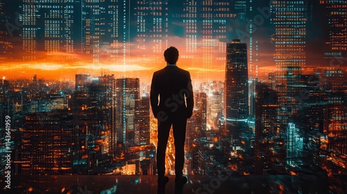 A silhouetted figure stands before a futuristic city skyline, illuminated by digital displays against a vibrant sunset. photo