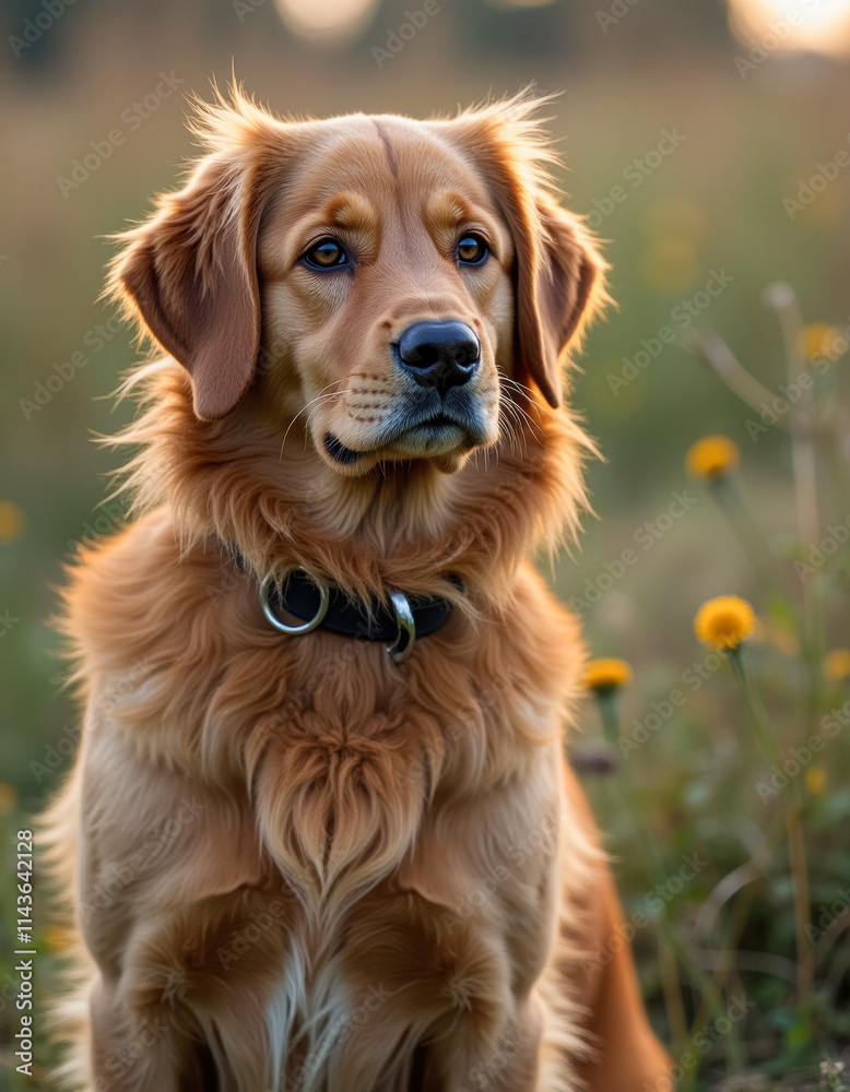 Golden retriever sitting in a meadow with soft warm light and yellow flowers in the background Golden retriever sitting in a meadow with soft warm light and yellow flowers in the background