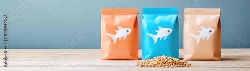 Animal feed business packaging concept. Monochromatic packaging for fish feed with minimalist branding, animal feed packaging, modern aquatics design photo