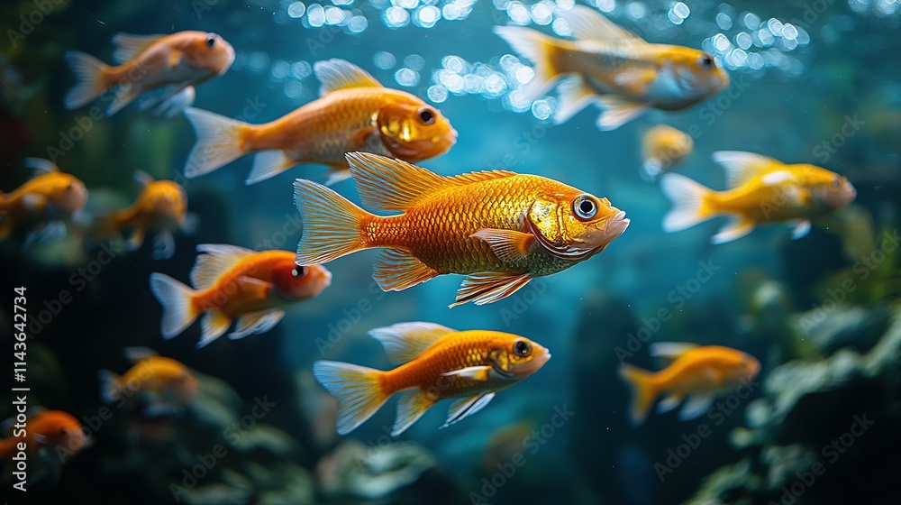Naklejka premium Golden Fish Swim in a Vibrant Aquarium Environment