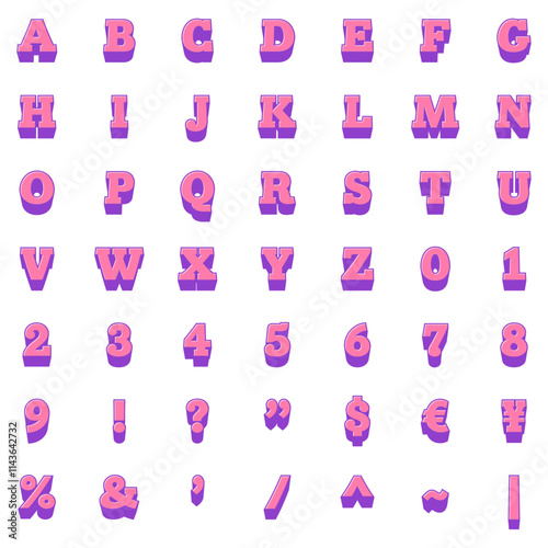 ピンクと紫のロボットアニメ風のアルファベット大文字と数字と記号