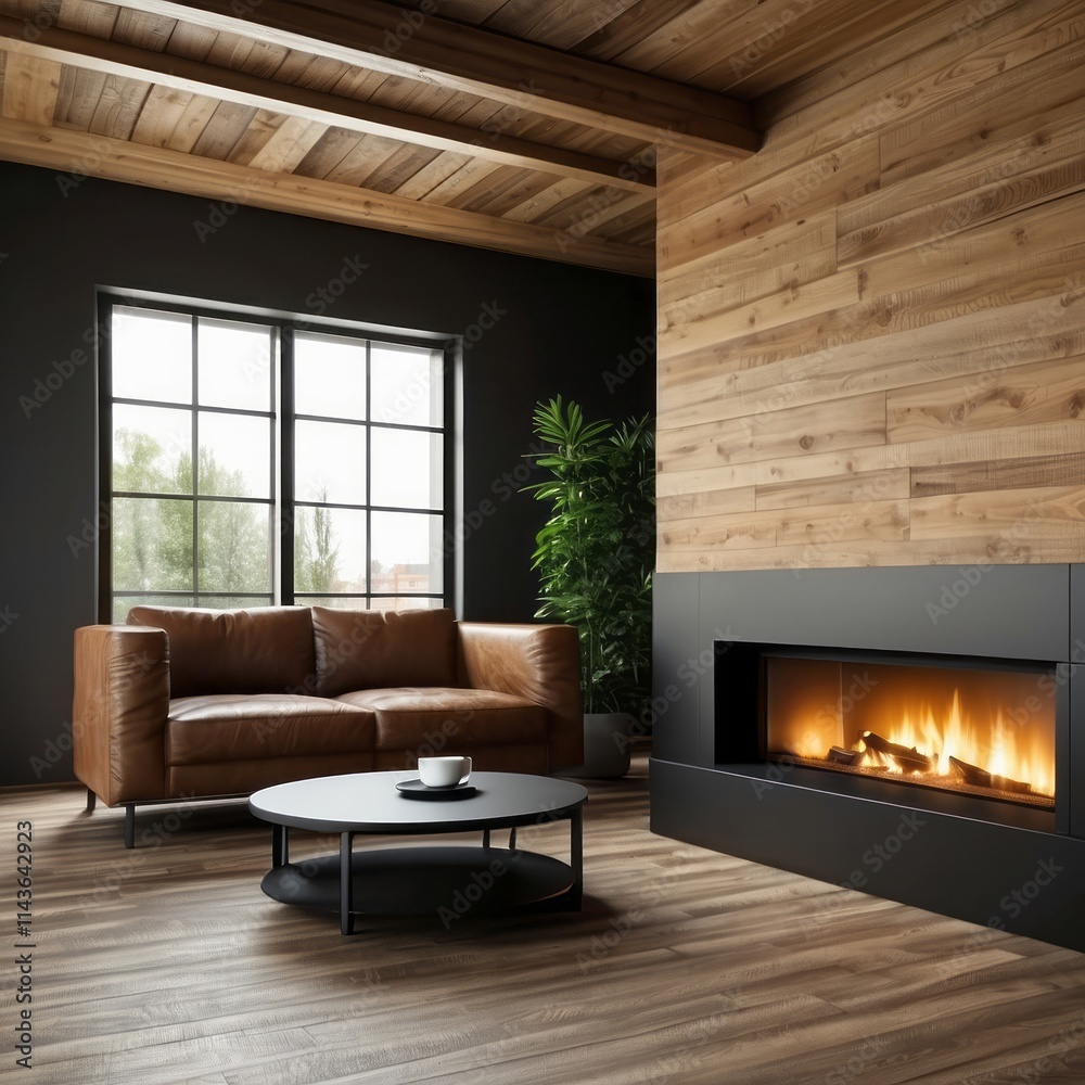 Modern Living Room with Fireplace and Leather Sofa