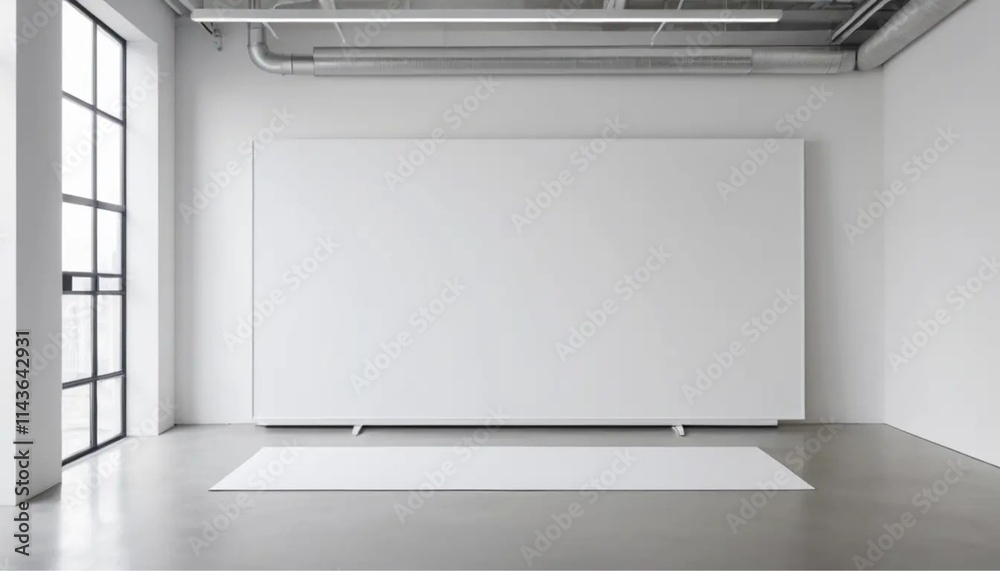 A large blank white mock up sign is displayed in a minimalist display room A large blank white mock up sign is displayed in a minimalist display room