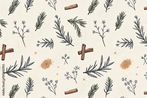 Seamless pattern with rosemary, cinnamon sticks, and botanical herbs on neutral background. photo