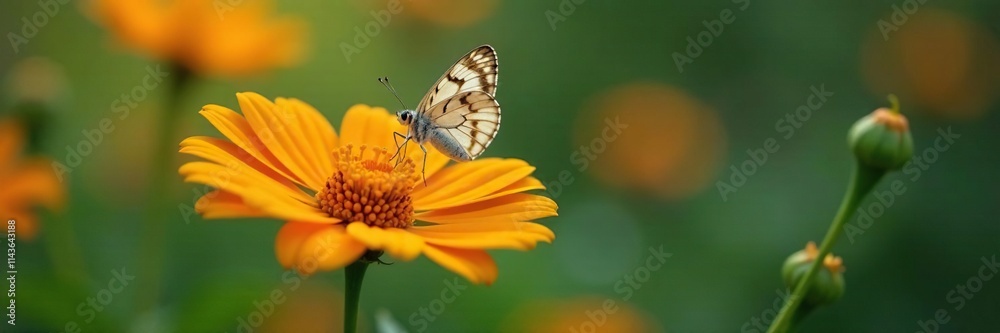A delicate glass butterfly perched on a stem of a bright orange flower, garden details, nature scene, butterflies A delicate glass butterfly perched on a stem of a bright orange flower, garden details, nature scene, butterflies