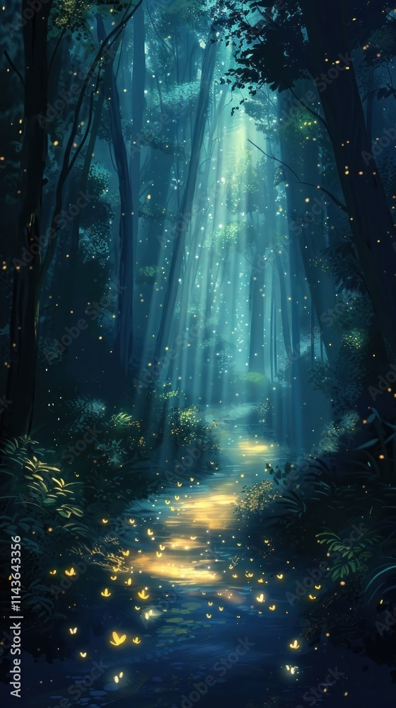 Obraz premium Enchanting Woodland Path Illuminated by Magical Lighting and Glowing Fireflies Serene and Mystical Forest Landscape with a Winding Trail Leading Through the Ethereal Dreamlike Environment