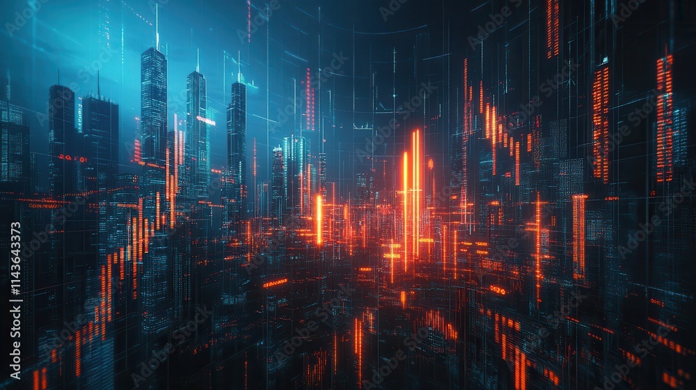 Fototapeta premium A futuristic cityscape with vibrant neon lights, showcasing a digital landscape filled with glowing data streams and towering structures.