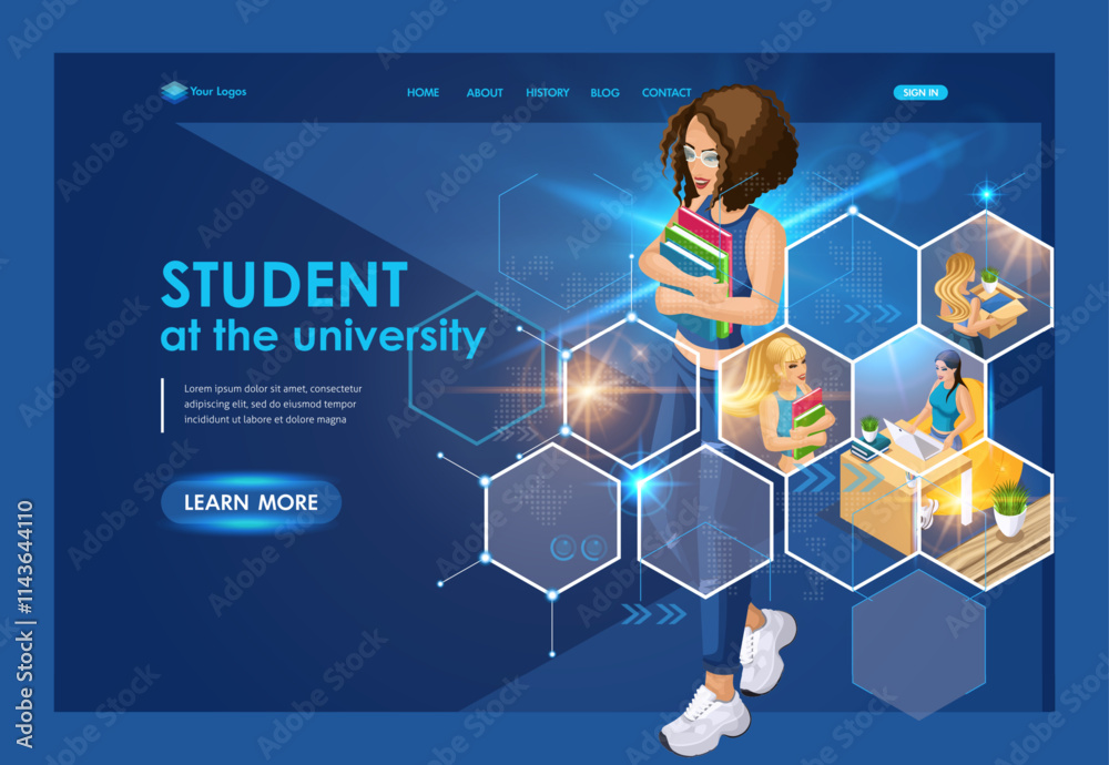 Landing page Isometric. Girl characters constructor for design. Illustration of scenes with girl taking part in student events. Trendy vector style Landing page Isometric. Girl characters constructor for design. Illustration of scenes with girl taking part in student events. Trendy vector style