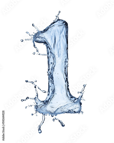 The number one of blue water droplets isolated on transparent background