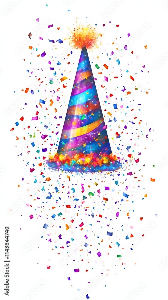 Colorful party hat with confetti explosion. Colorful party hat with confetti explosion.