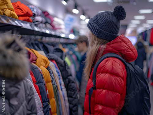 Woman Browses Colorful Winter Jackets in Retail Store, Exploring Various Styles and Colors photo