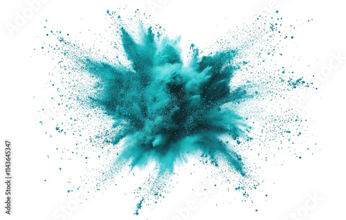a vibrant teal colored powder explosion isolated on a transparent background the powder is in mid-air. creating a dynamic and abstract shape