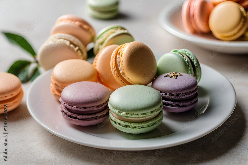 Default Macarons, Pastel Delights Elegantly Arranged on a White Surface Default Macarons, Pastel Delights Elegantly Arranged on a White Surface