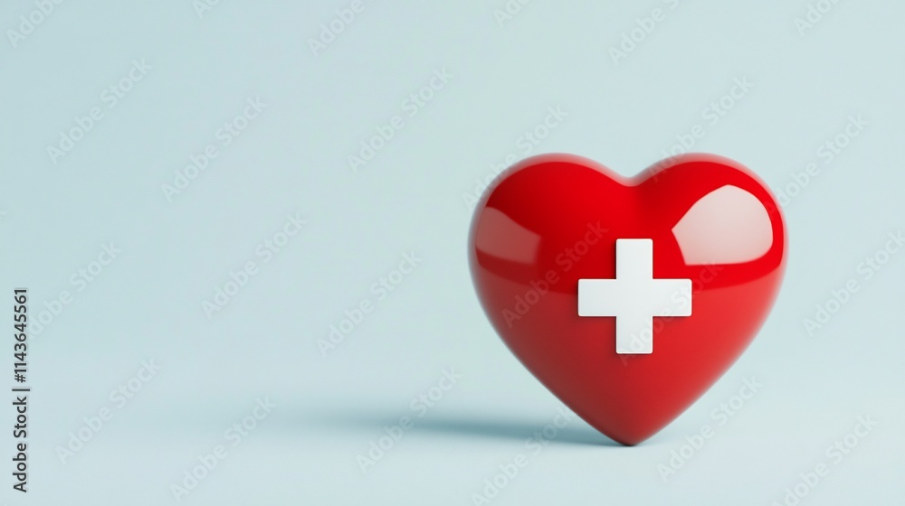 Obraz premium Red heart-shaped icon with white medical cross symbol,representing cardiac diagnostics,disease prevention,and healthcare treatment. Concept of emergency,wellness,and recovery.