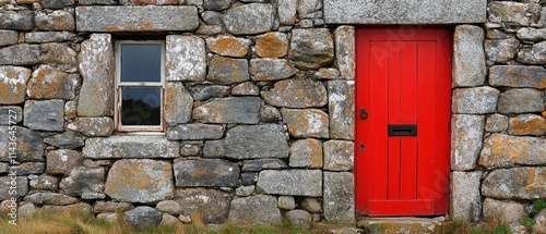 Rustic Stone Wall With Red Door And Window photo