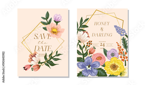 Flowers and leave wedding invitation card template set, Elegant botanical florals background vector illustration for save the date, card, cover, poster, greeting, rsvp