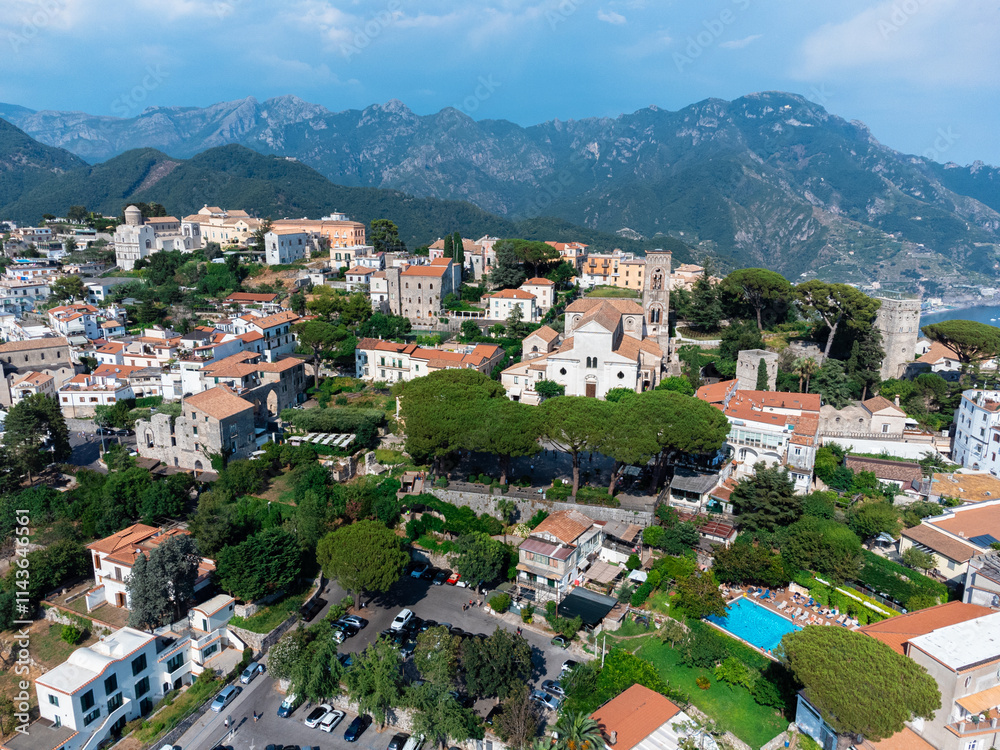 Fototapeta premium Aerial View of Ravello Town on Amalfi Coast - Hilltop Charm and Stunning Mountain Backdrop
