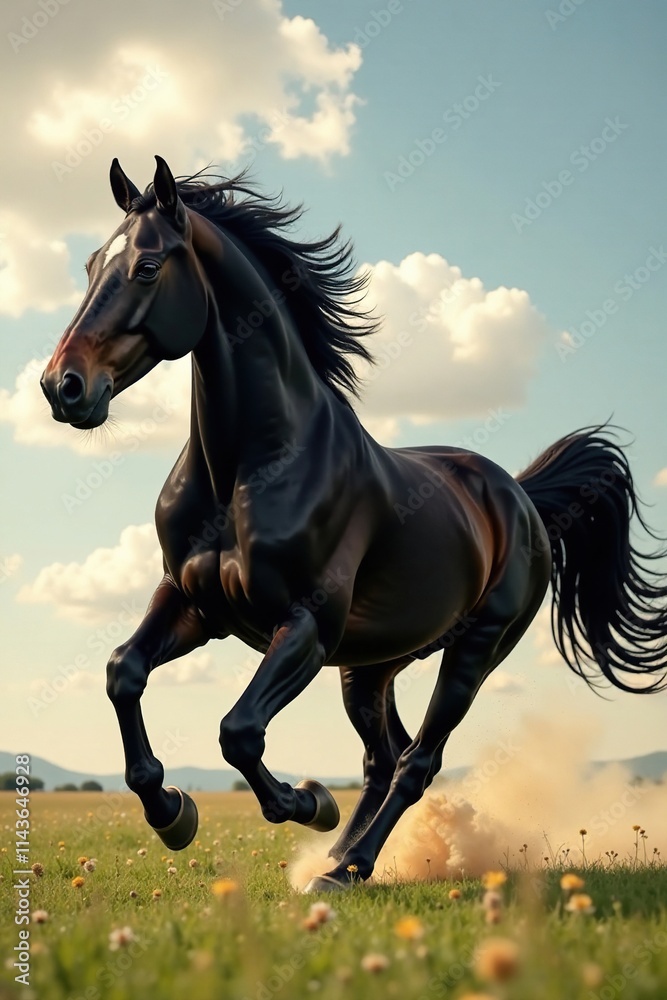 A galloping black horse's mane flowing in the wind with its tail streaming behind it, movement, flow, horse A galloping black horse's mane flowing in the wind with its tail streaming behind it, movement, flow, horse