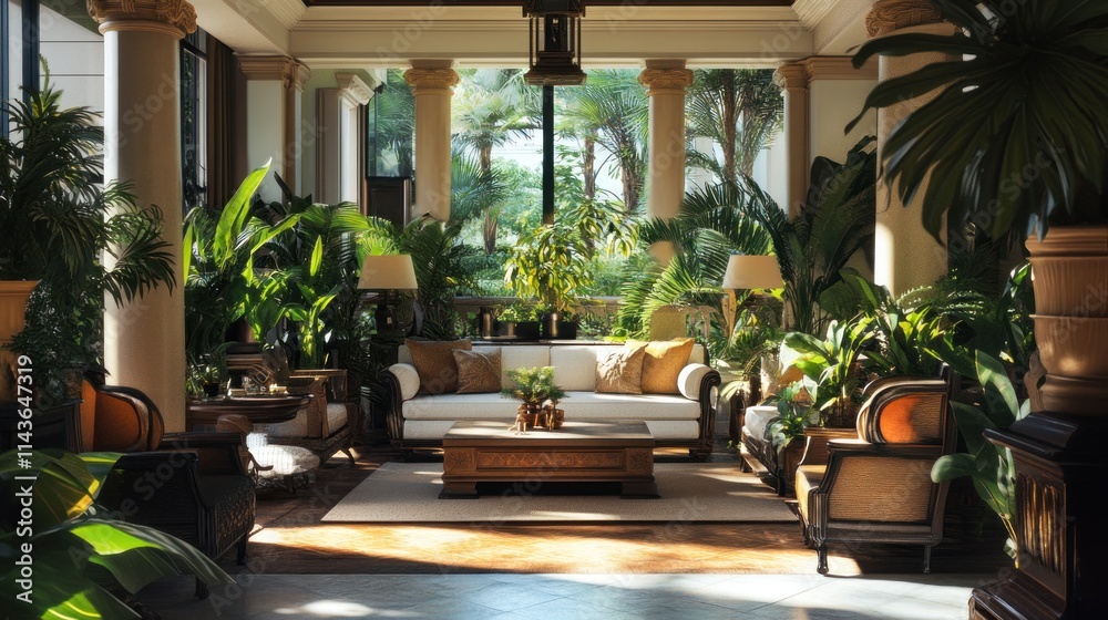 Tropical Living Room with Lush Greenery and Natural Light Tropical Living Room with Lush Greenery and Natural Light