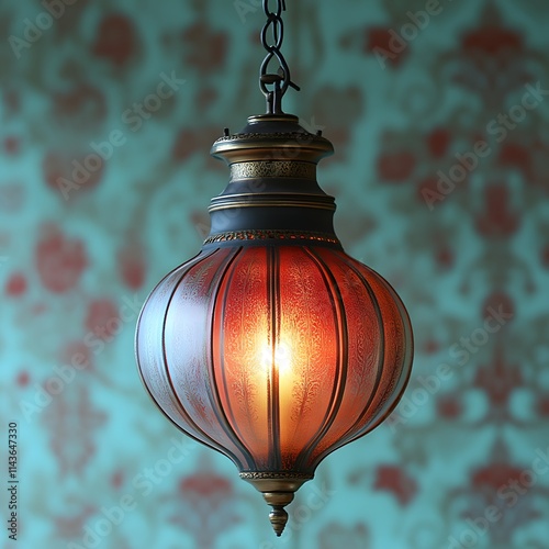 Elegant amber glass pendant lamp with metallic accents hanging against a floral backdrop. photo