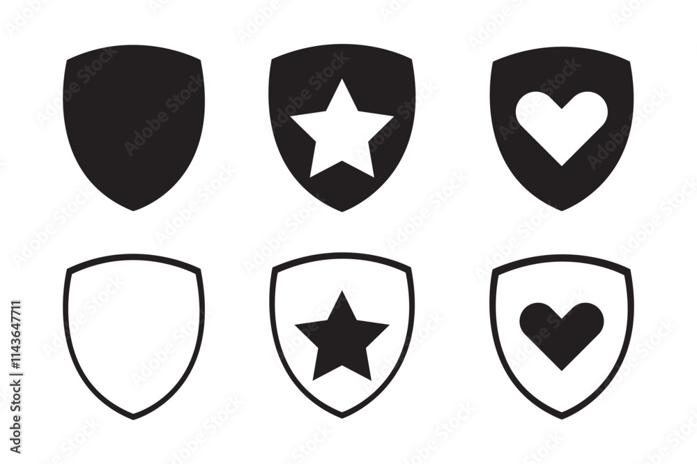 Heraldic shield icon set vector. Black knight award contours and linear sign. Shield icon collection, Safety, protection sign Heraldic shield icon set vector. Black knight award contours and linear sign. Shield icon collection, Safety, protection sign