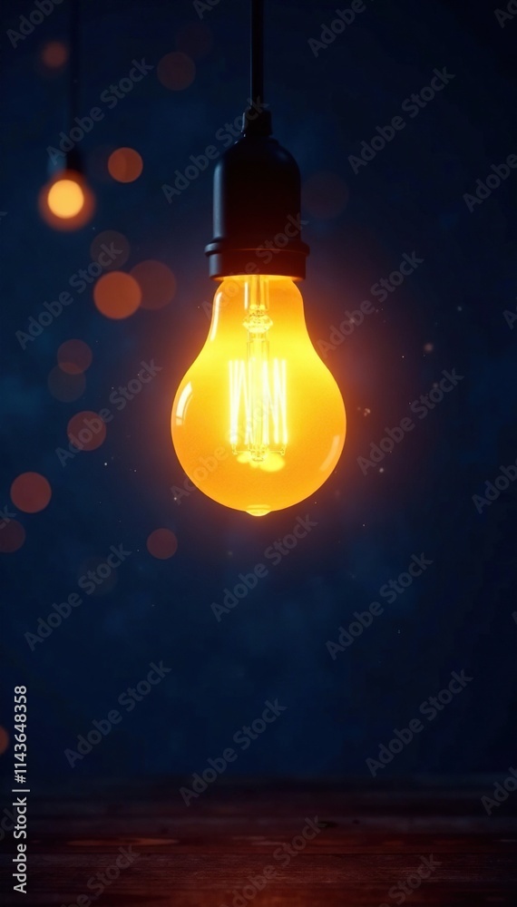 A glowing light bulb suspended above a dark blue backdrop with scattered, blurry light sources nearby, radiance, glowing spot light, solitary light source A glowing light bulb suspended above a dark blue backdrop with scattered, blurry light sources nearby, radiance, glowing spot light, solitary light source