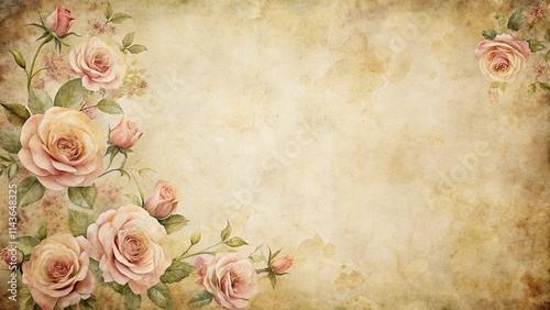 Antique floral design with delicate roses on aged paper background