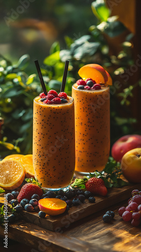 Smoothie styled outdoors on a garden table wi