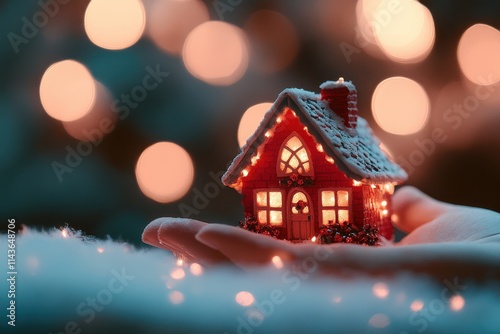 Christmas magic miniature glowing house Santa s hand festive background photo